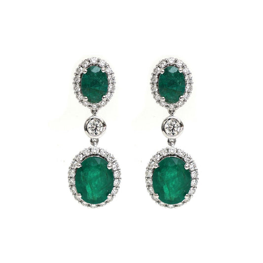 Emerald Double Drop 18K Natural Diamond White Gold Halo Earrings