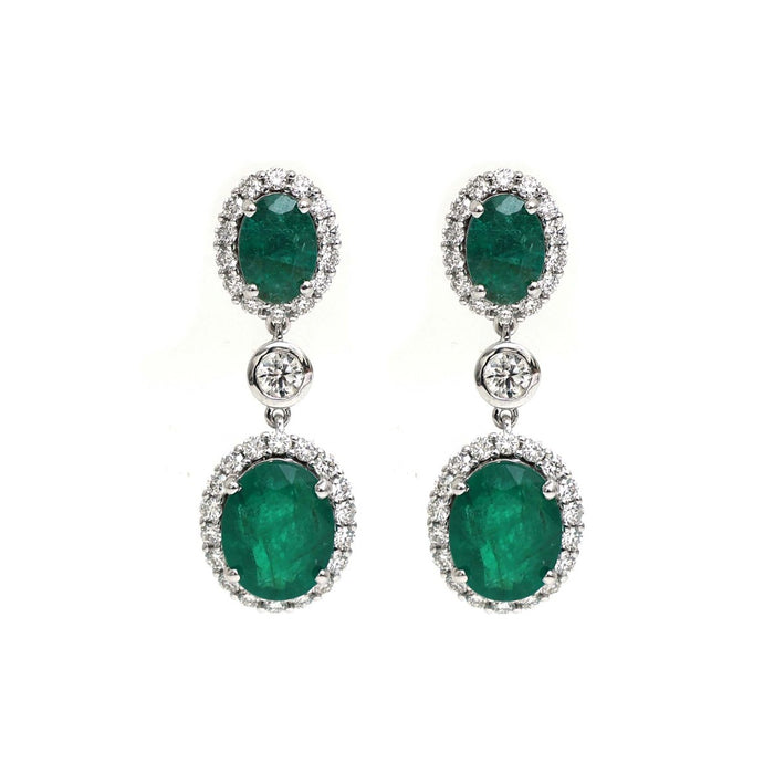 Emerald Double Drop 18K Natural Diamond White Gold Halo Earrings