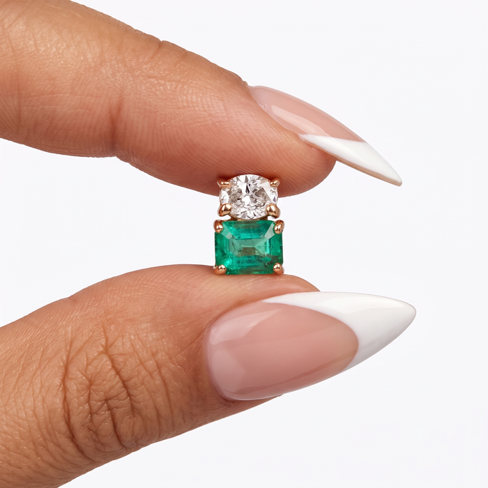Green Emerald 14K Yellow Gold Diamond Duo Stud Earrings
