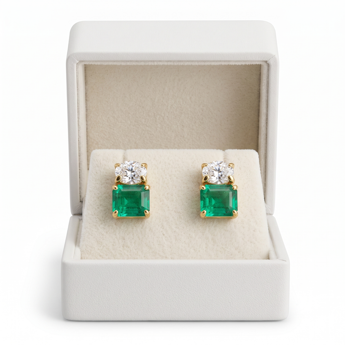 Green Emerald 14K Yellow Gold Diamond Duo Stud Earrings