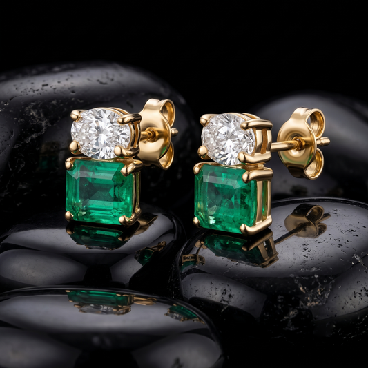 Green Emerald 14K Yellow Gold Diamond Duo Stud Earrings