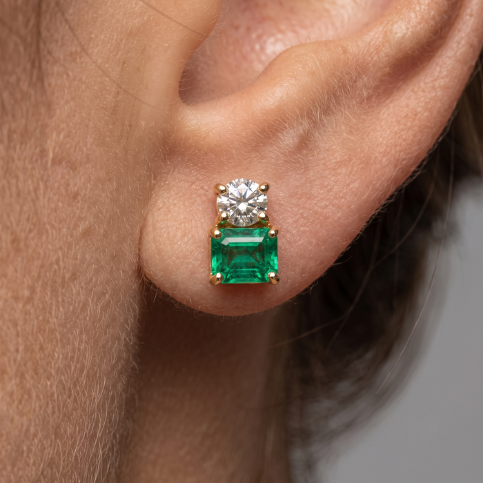 Green Emerald 14K Yellow Gold Diamond Duo Stud Earrings