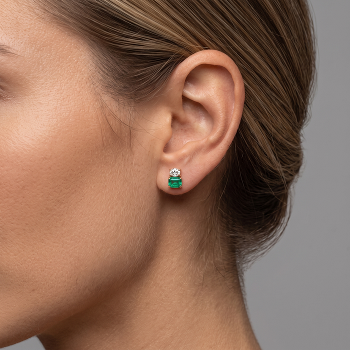 Green Emerald 14K Yellow Gold Diamond Duo Stud Earrings