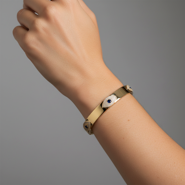 Evil Eye Sapphire Bangle Bracelet in 14K Yellow Gold