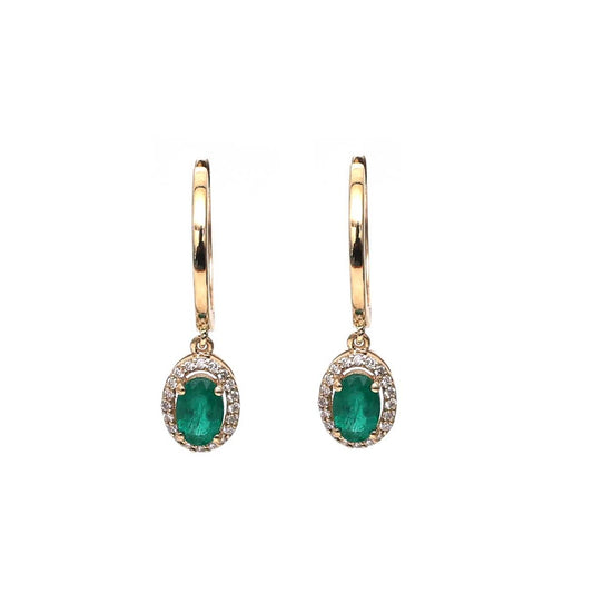 Emerald Oval Bloom 18K Natural Diamond Yellow Gold Drop Hoop Earrings