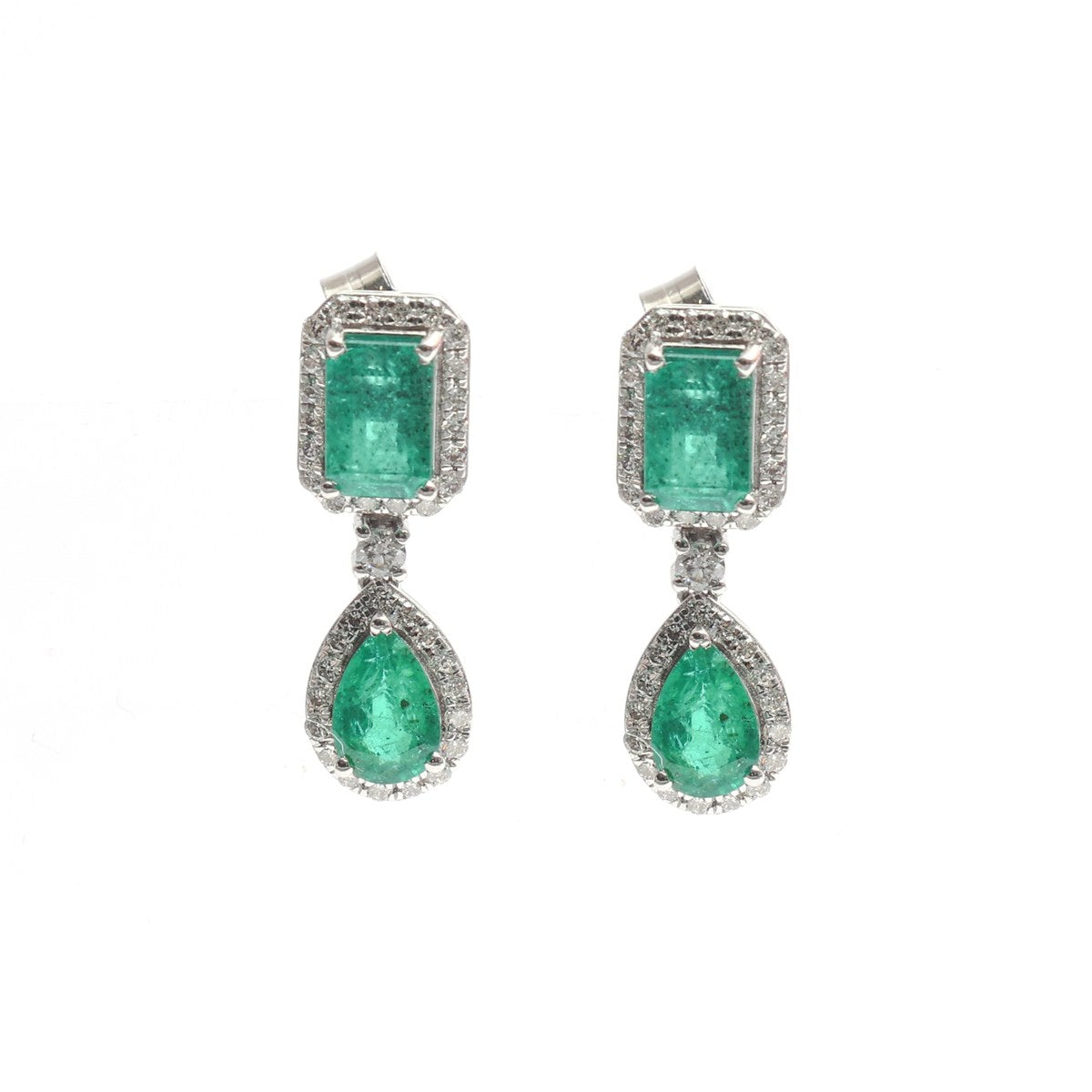 Emerald Halo Drop 18K Natural Diamond White Gold Earrings