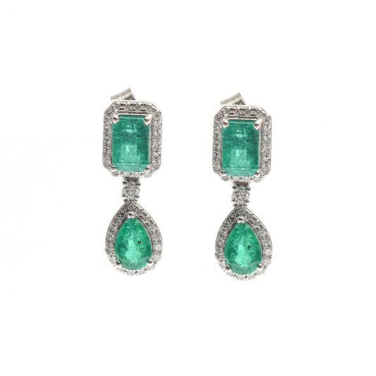 Emerald Halo Drop 18K Natural Diamond White Gold Earrings