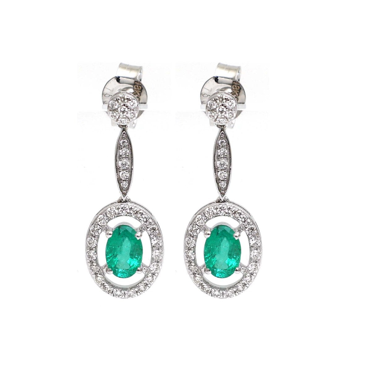 Emerald Grace Halo 18K Natural Diamond White Gold Drop Earrings