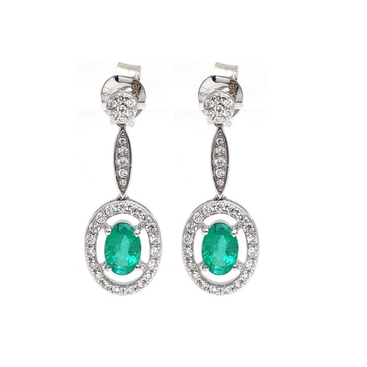 Emerald Grace Halo 18K Natural Diamond White Gold Drop Earrings
