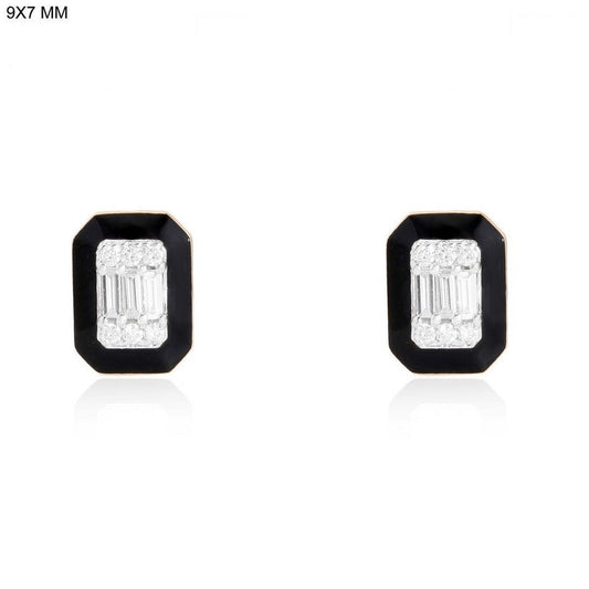 Black Enamel Baguette Diamond Stud Earrings in 14K Gold