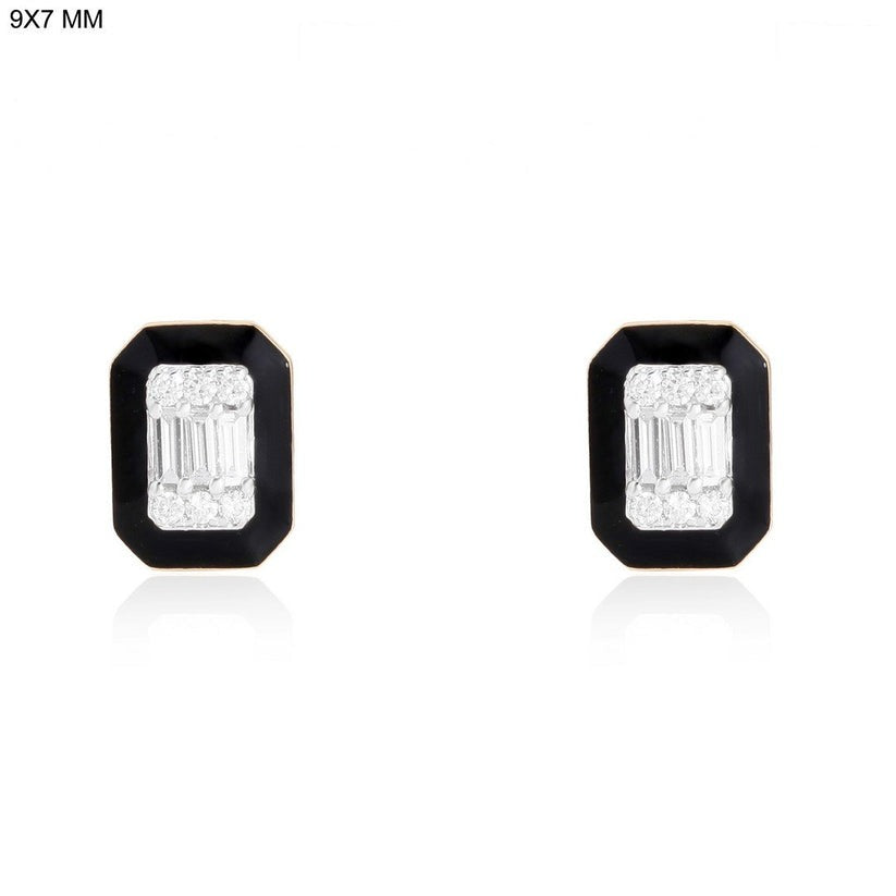 Black Enamel Baguette Diamond Stud Earrings in 14K Gold