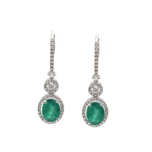Emerald Glimmer Halo 18K Natural Diamond White Gold Drop Earrings