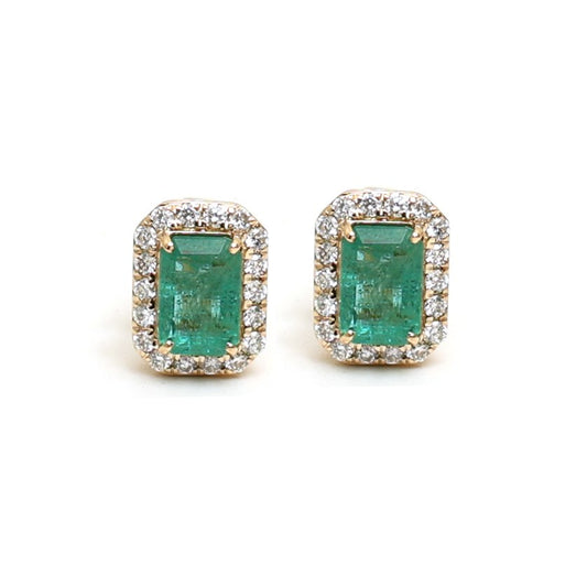 Emerald Radiance Halo 18K Natural Diamond Yellow Gold Stud Earrings