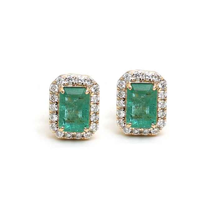 Emerald Radiance Halo 18K Natural Diamond Yellow Gold Stud Earrings