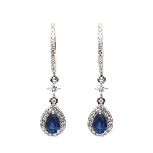 Blue Sapphire 18K Natural Diamond White Gold Drop Earrings