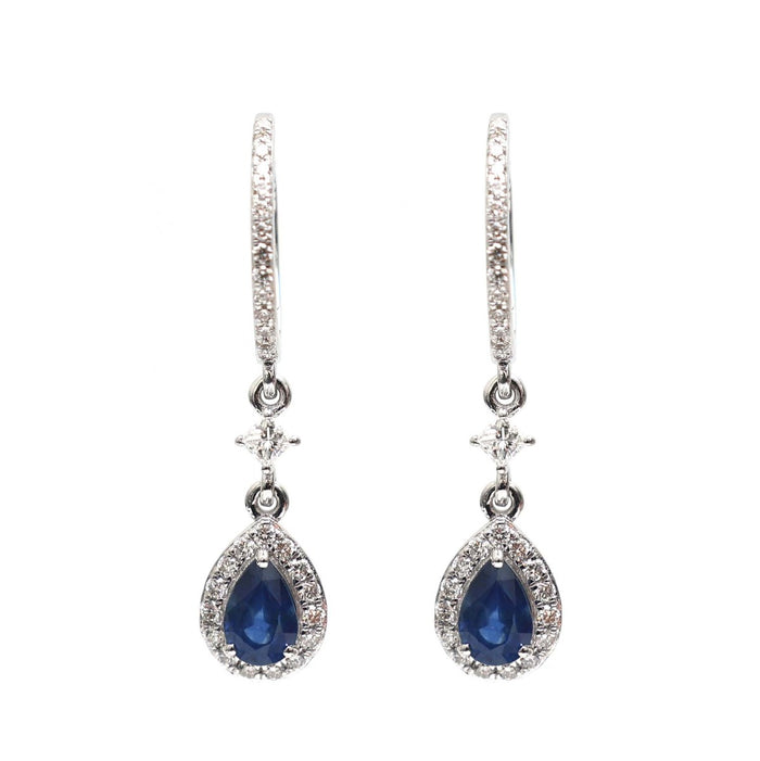 Blue Sapphire 18K Natural Diamond White Gold Drop Earrings