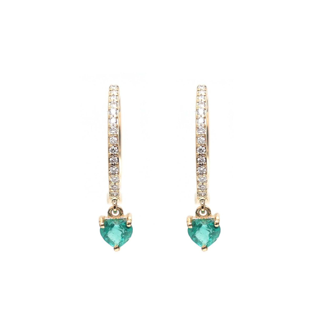 Emerald Heart Charm 18K Yellow Gold Drop Hoop Earrings