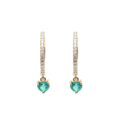 Emerald Heart Charm 18K Yellow Gold Drop Hoop Earrings