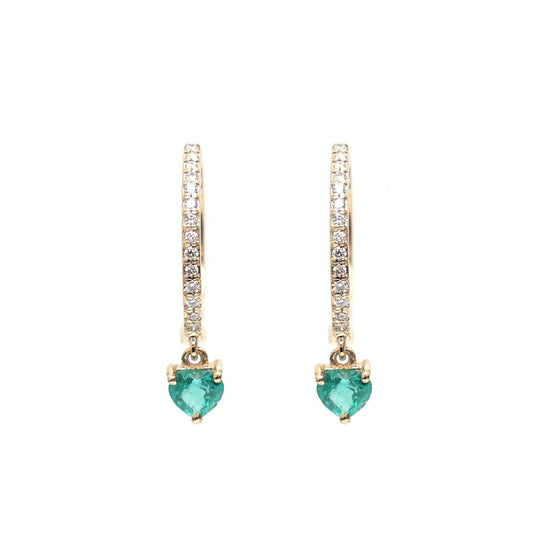 Emerald Heart Charm 18K Yellow Gold Drop Hoop Earrings