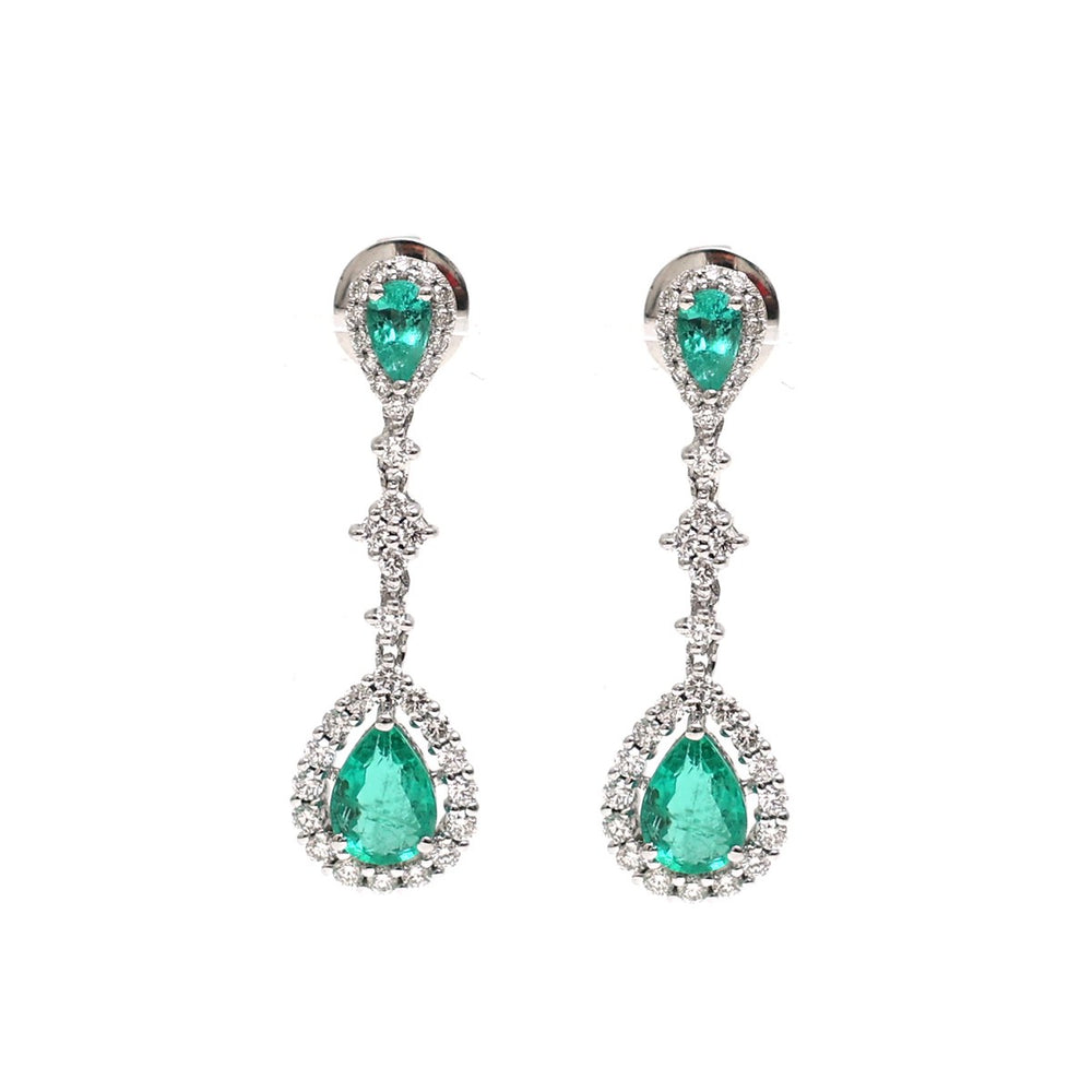 Emerald & Natural Diamond Drop Earrings in 18K White Gold