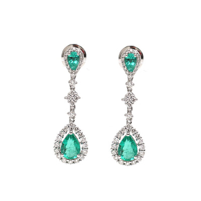 Emerald & Natural Diamond Drop Earrings in 18K White Gold