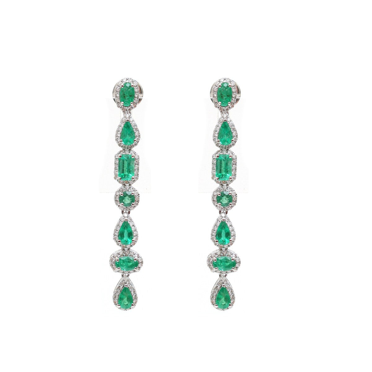 Emerald 18K Natural Diamond White Gold Long Drop Earrings