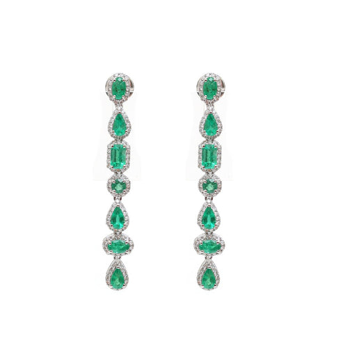 Emerald 18K Natural Diamond White Gold Long Drop Earrings