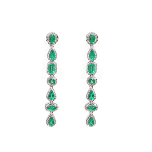 Emerald 18K Natural Diamond White Gold Long Drop Earrings