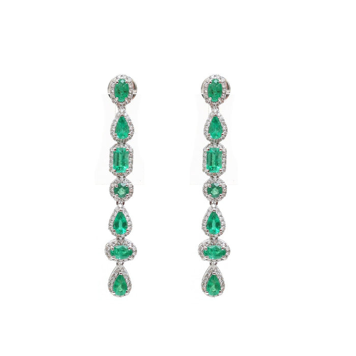 Emerald 18K Natural Diamond White Gold Long Drop Earrings