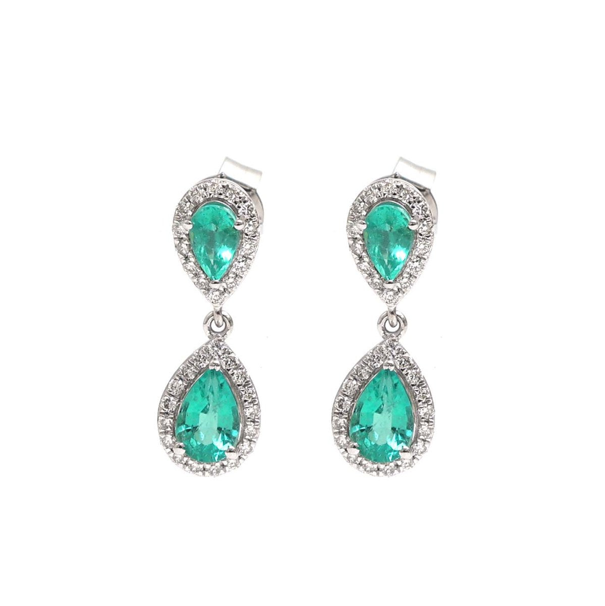 Pear Emerald Halo 18K Natural Diamond White Gold Drop Earrings