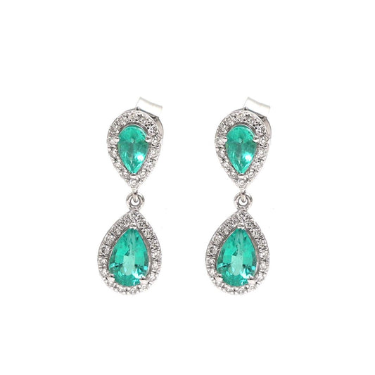 Pear Emerald Halo 18K Natural Diamond White Gold Drop Earrings