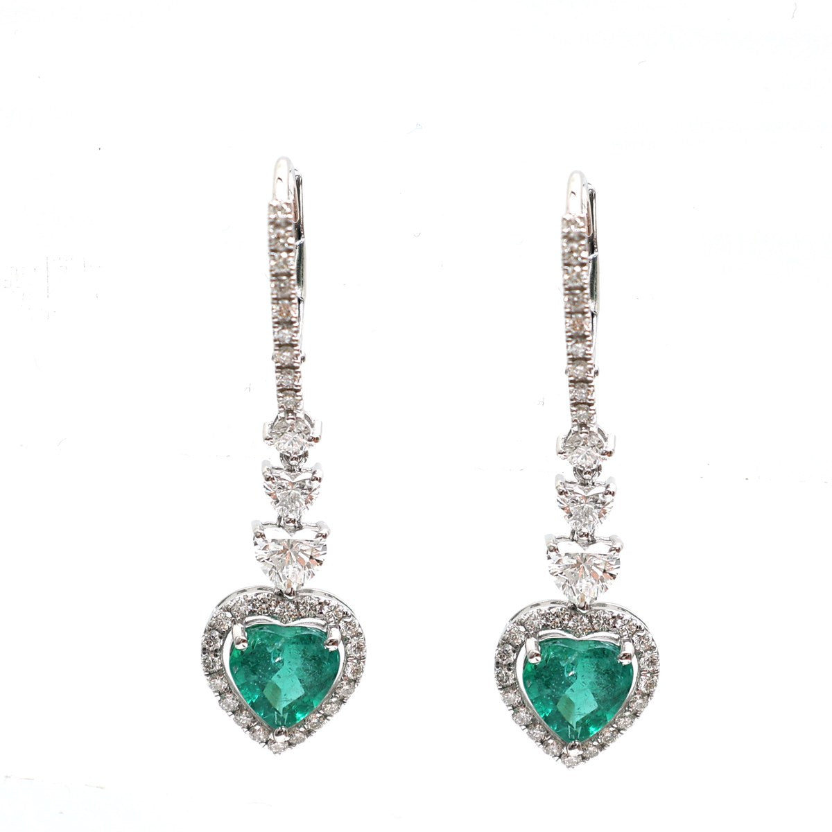 Heart-Shaped Emerald & Natural Diamond 18K Halo Drop Earrings White Gold