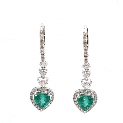 Heart-Shaped Emerald & Natural Diamond 18K Halo Drop Earrings White Gold
