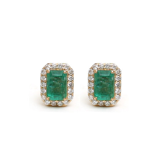 Emerald Regal Halo 18K Natural Diamond Yellow Gold Stud Earrings