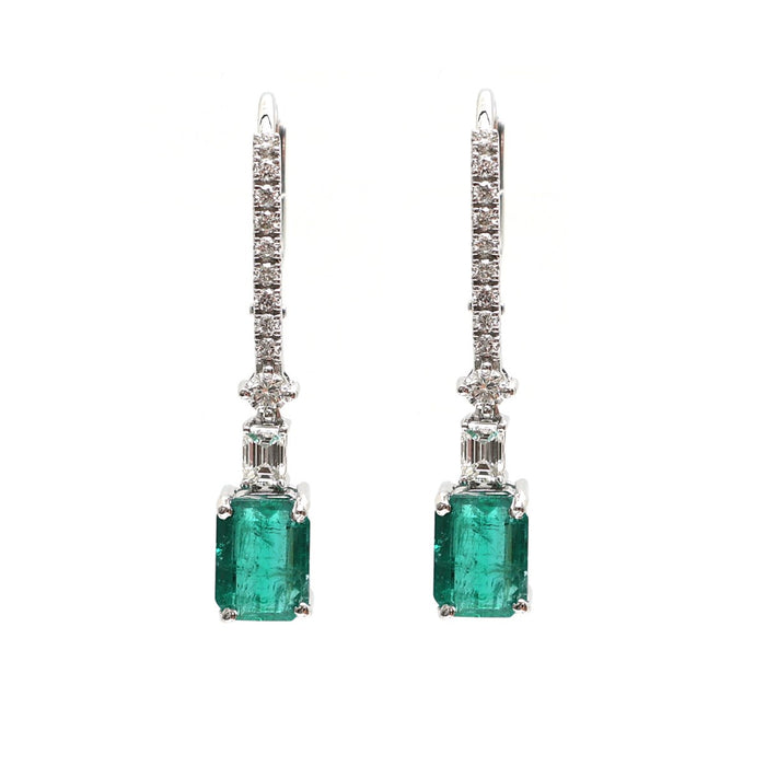Emerald Cut Emerald 18K Natural Diamond White Gold Drop Earrings