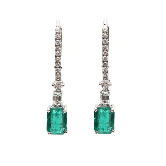 Emerald Cut Emerald 18K Natural Diamond White Drop Earrings