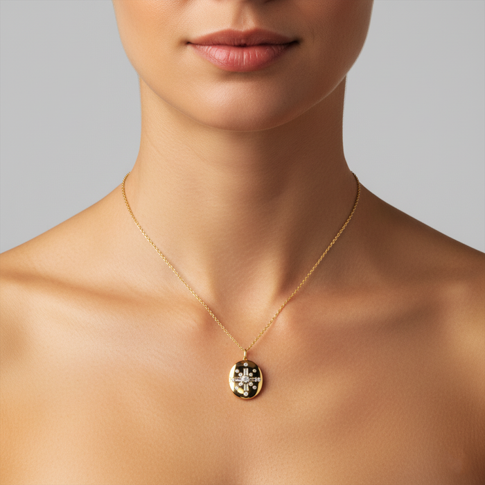 Celestial Cross Diamond Locket Necklace in 14K Yellow Gold