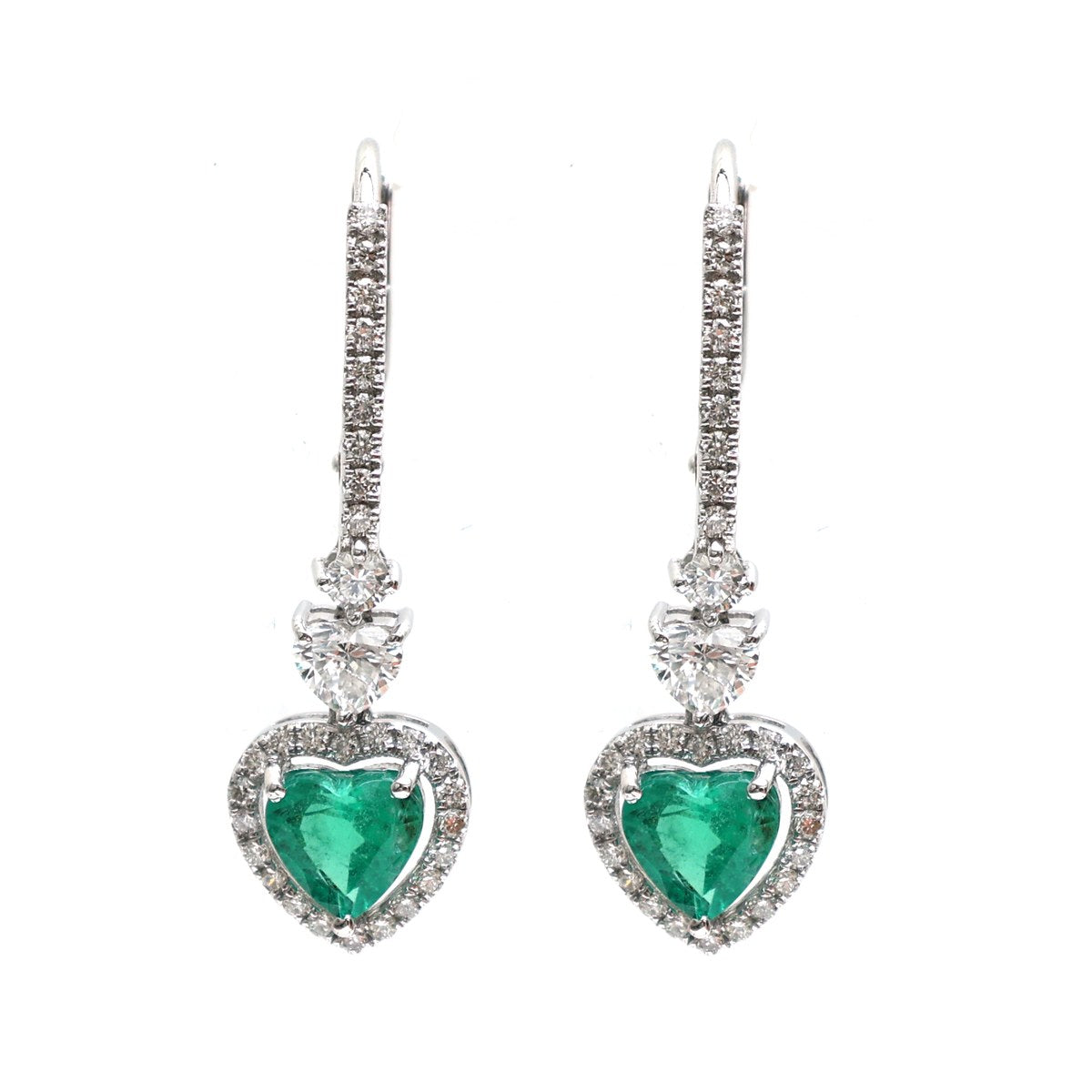 Emerald Heart Grace 18K Natural Diamond White Gold Drop Earrings