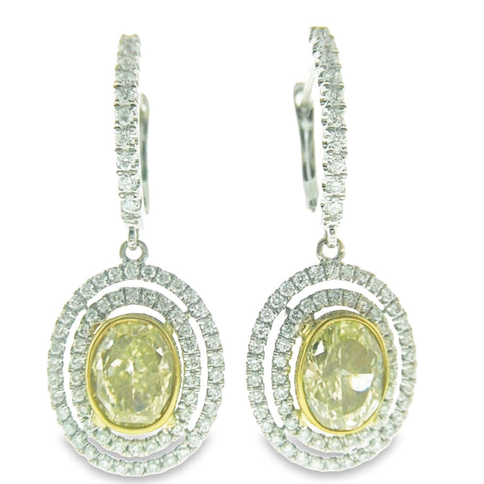 Fancy Yellow Oval Diamonds Double Halo Dangling Earrings