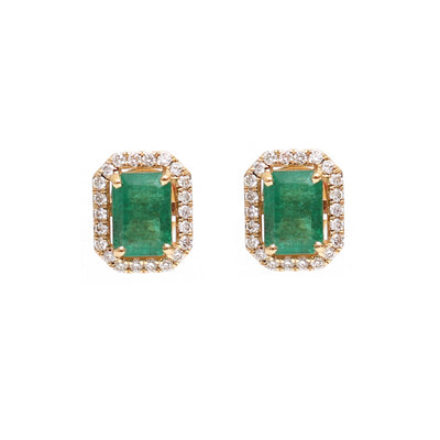 Emerald Cut Emerald 18K Natural Diamond Gold Drop Earrings