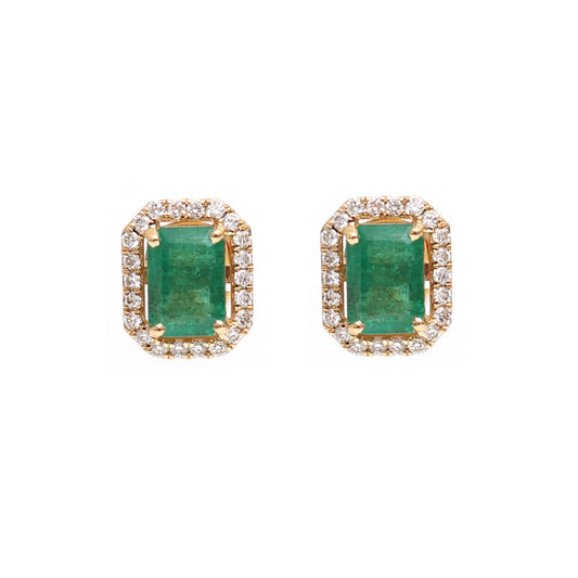 Emerald Cut Emerald 18K Natural Diamond Gold Drop Earrings
