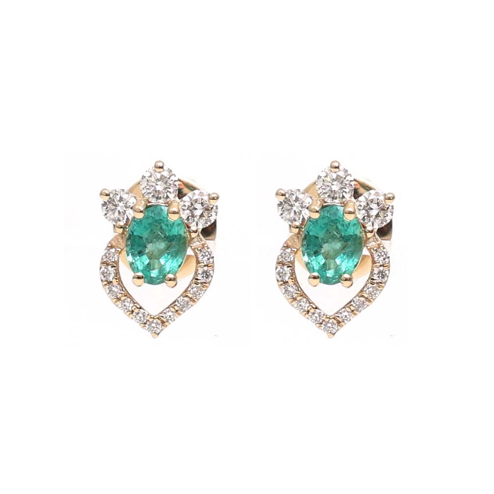Emerald Heart Glow Halo 18K Natural Diamond Yellow Gold Stud Earrings