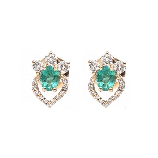 Emerald Heart Glow Halo 18K Natural Diamond Yellow Gold Stud Earrings