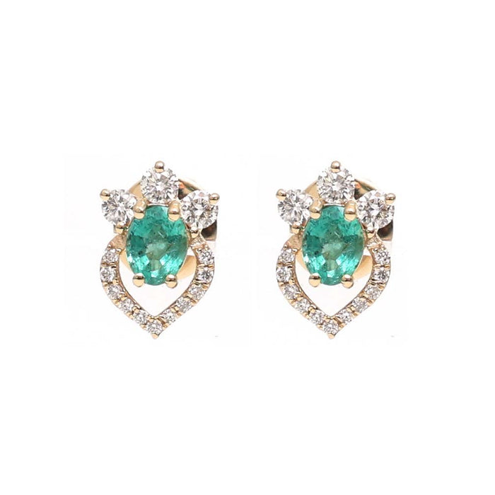 Emerald Heart Glow Halo 18K Natural Diamond Yellow Gold Stud Earrings