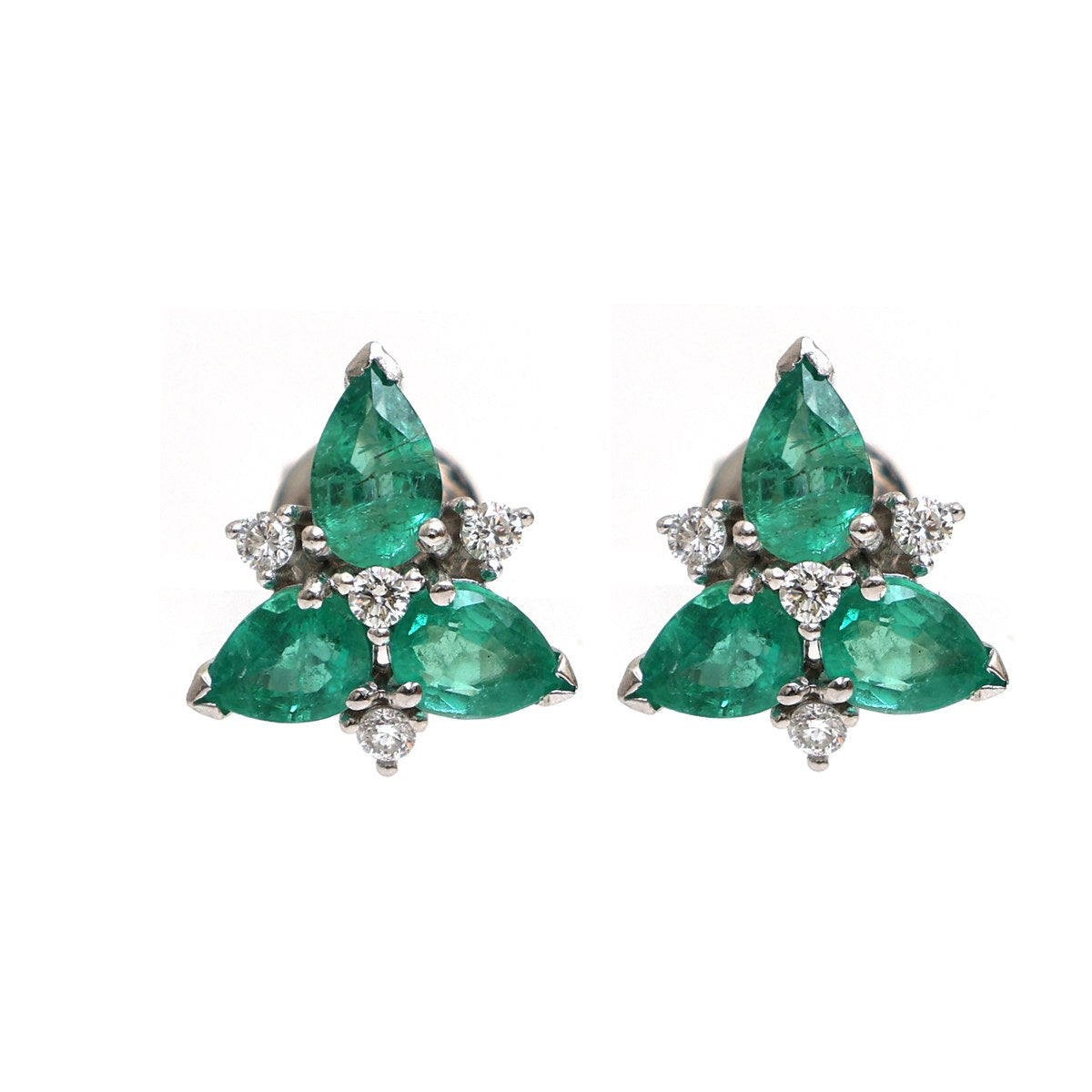Emerald Floral Cluster 18K Natural Diamond White Gold Stud Earrings