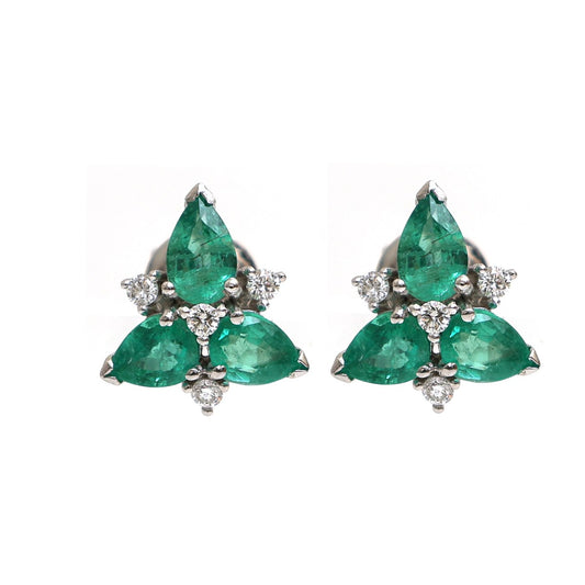Emerald Floral Cluster 18K Natural Diamond White Gold Stud Earrings