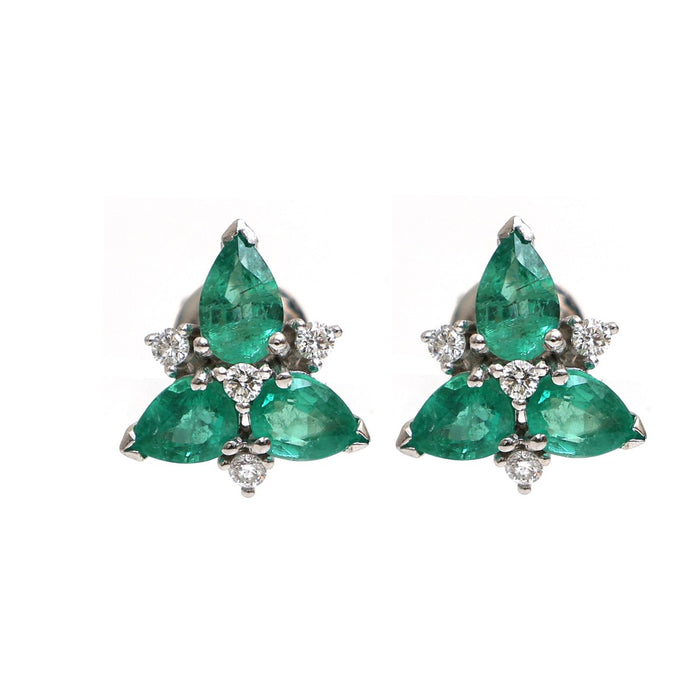 Emerald Floral Cluster 18K Natural Diamond White Gold Stud Earrings