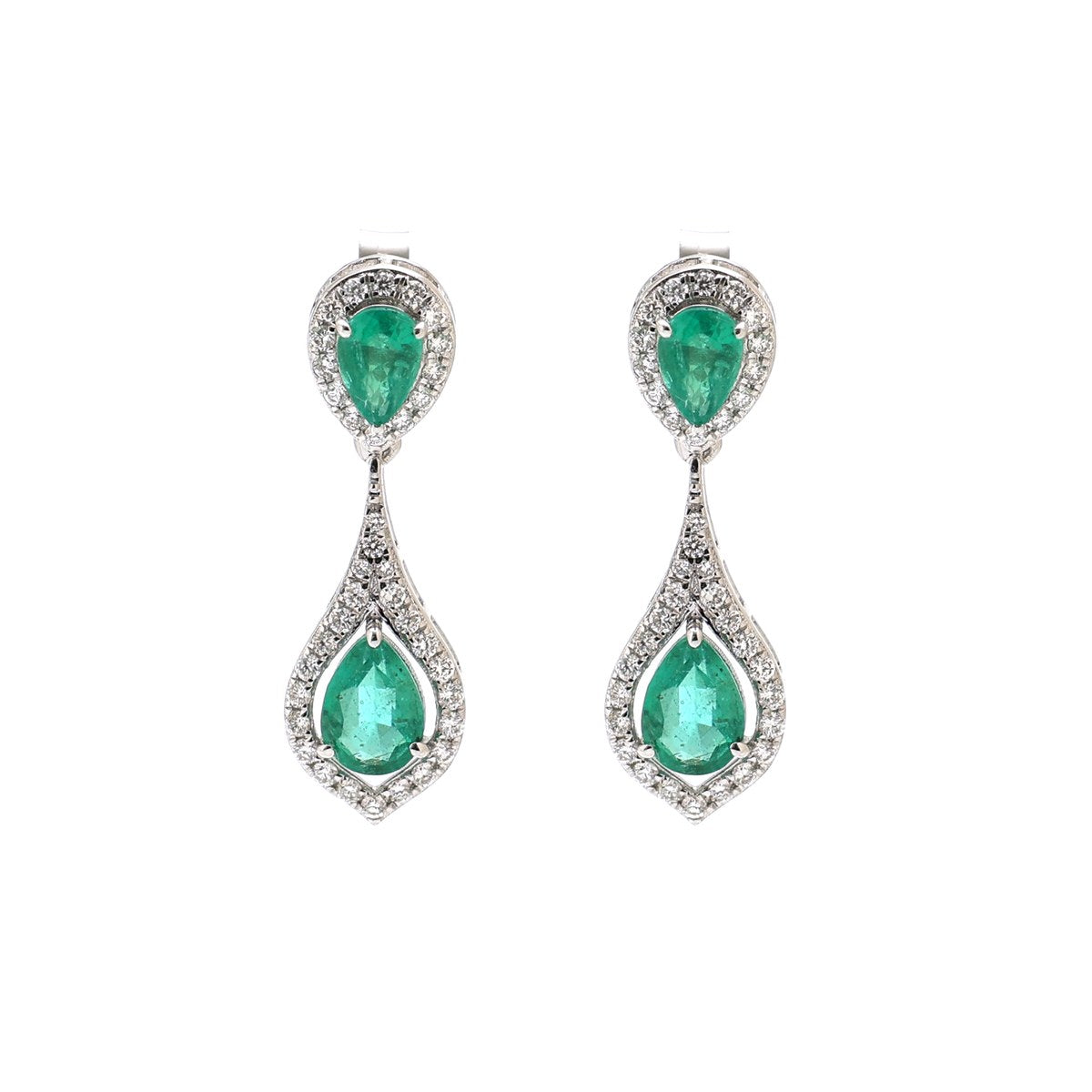 Emerald Double Drop 18K Natural Diamond White Earrings