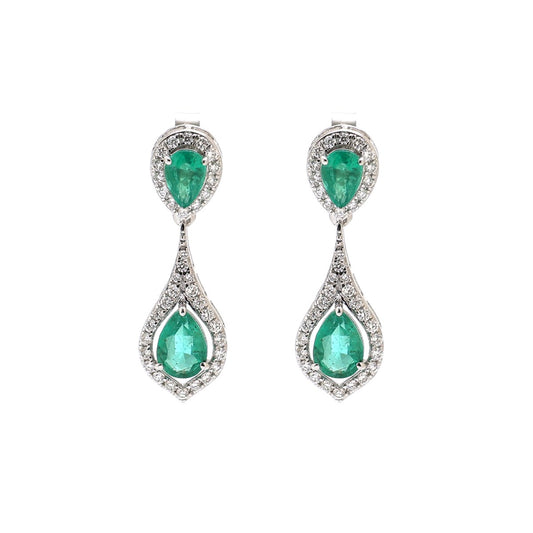 Emerald Double Drop 18K Natural Diamond White Earrings