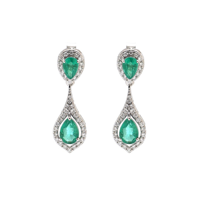 Emerald Double Drop 18K Natural Diamond White Earrings